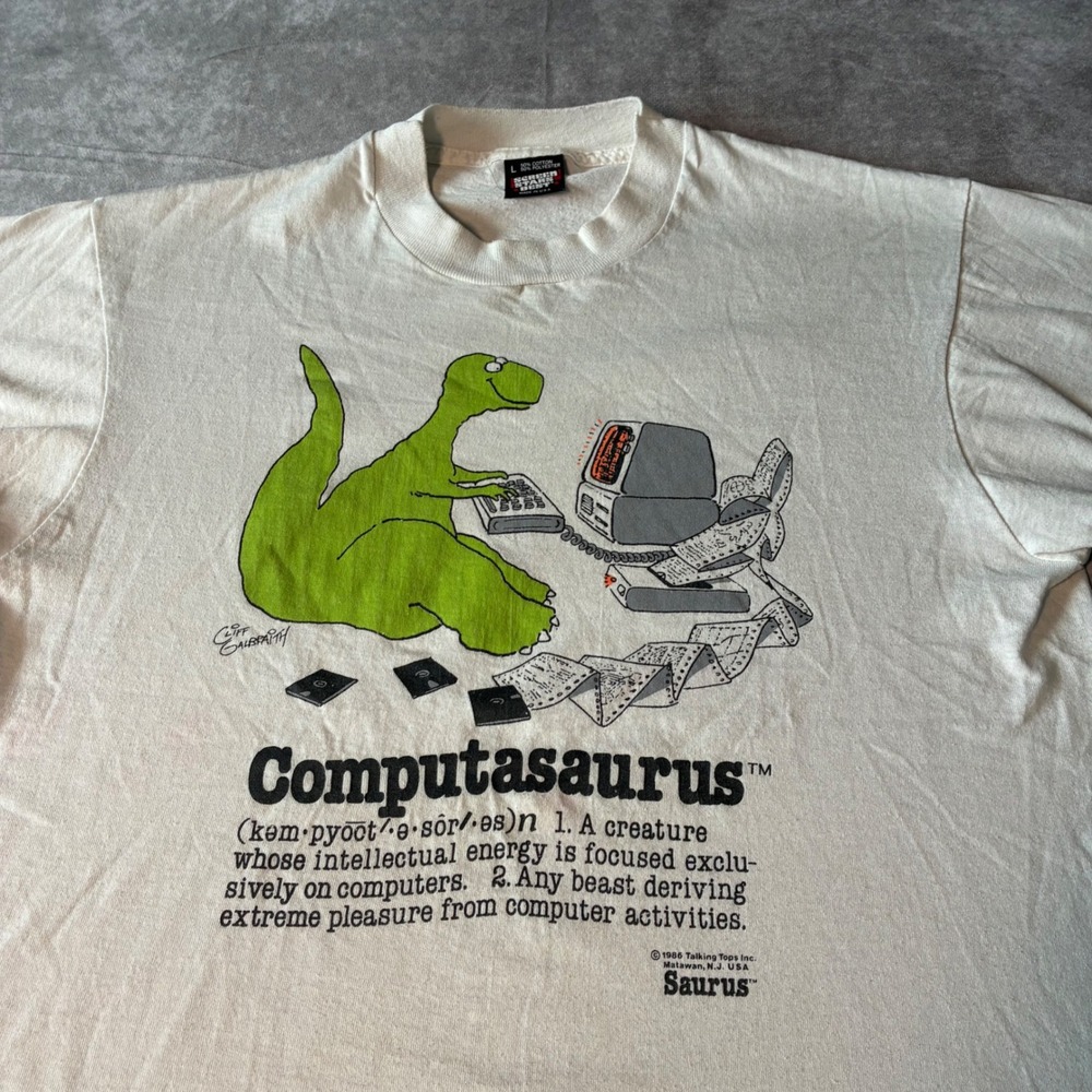 Vintage 1986 Computasaurus Single Stitch T-Shirt Screen Stars Best White Large